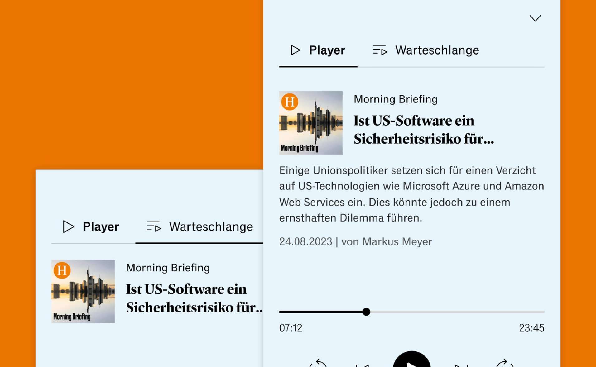 Handelsblatt audio player and queue interfaces on an orange background