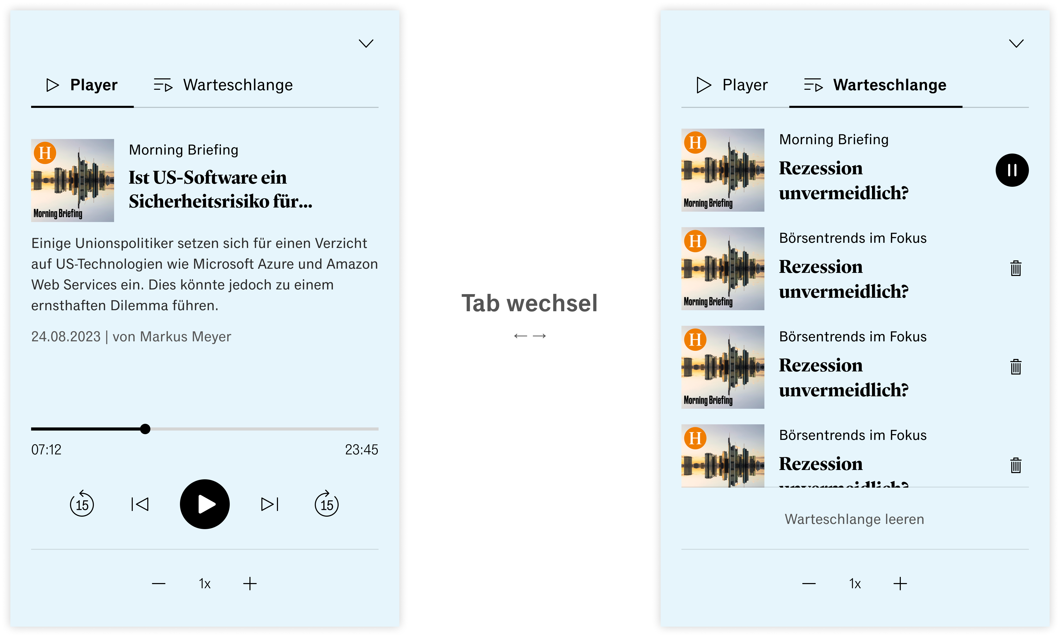 Player and Warteschlange tabs in the expanded audio hub